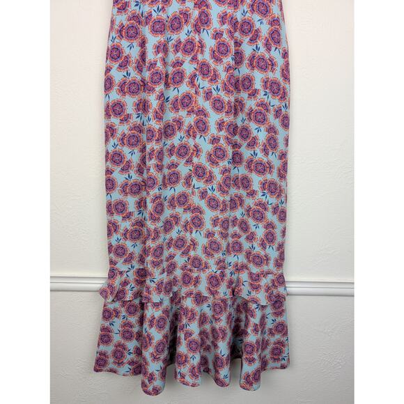 Saloni Midi Dress Adrienne Ciel Dragonfruit Ruffle Silk Floral Blue Size 4 - Picture 8 of 13